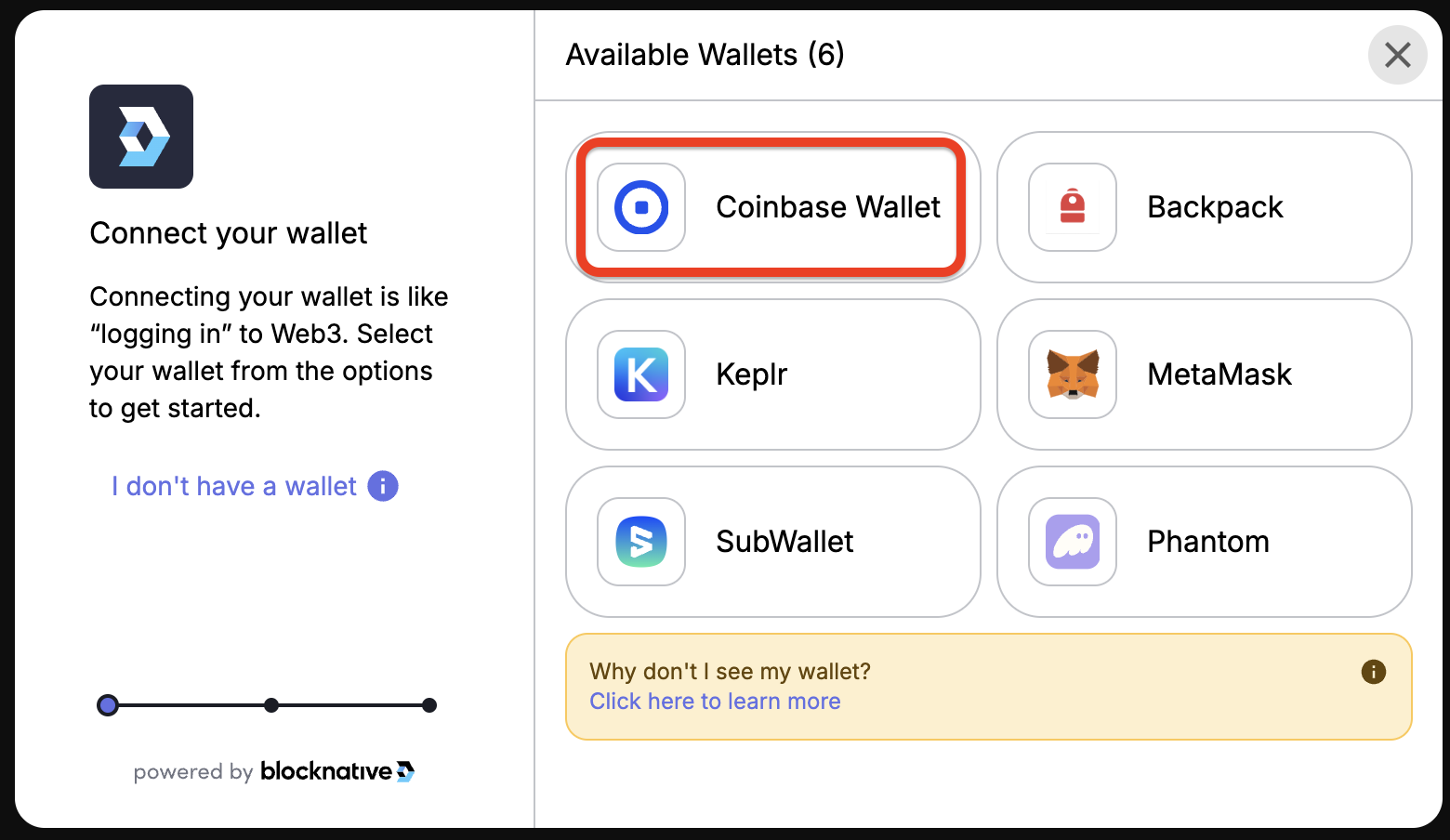 Selecting Coinbase Wallet